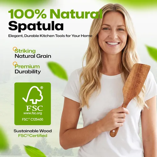 Vista 4 de Espátulas de madera, espátula de cocina plana antiadherente para cocinar, espátula de madera de teca para freír, voltear y girar