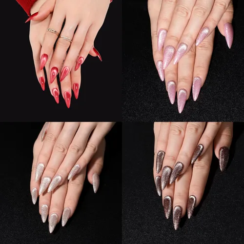 Vista 29 de Uñas postizas rojas de tamaño mediano en forma de almendra, uñas acrílicas brillantes con diseño de purpurina, uñas artificiales de cobertura a001