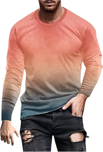 Vista 9 de Camisetas grandes y altas para hombre, camiseta gráfica casual de moda, manga larga, color degradado, sudadera para salir