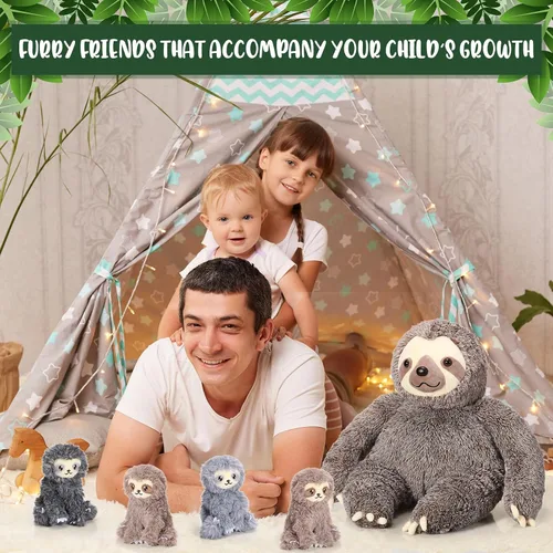 Vista 6 de Kasyat Juego de 5 piezas de animales de peluche de perezoso grande de 13 pulgadas, juguete de peluche con 4 bebés, peluches suaves para niños