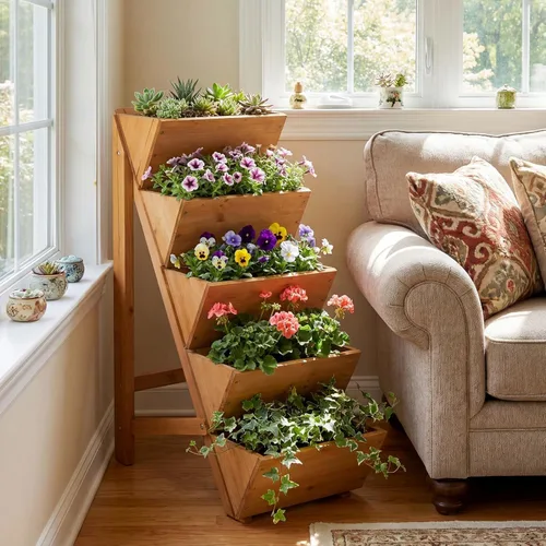 Vista 5 de Giantex Cama de jardín vertical elevada de madera de 5 niveles, soporte independiente para plantas con patas para hierbas, verduras y frutas, maceta