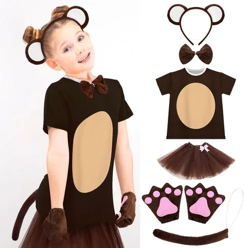 Vista 4 de Jiuguva Juego de 6 disfraces de animales para niños, disfraz de mono de Halloween, cola de mono, diadema de oreja, tutú, pajarita, patas, camiseta