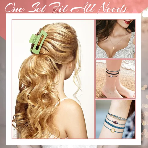 Vista 4 de 49 piezas de accesorios para mujer, pulseras de amistad con ondas de surfista, gargantilla en capas, pinzas cuadradas para el cabello para niñas