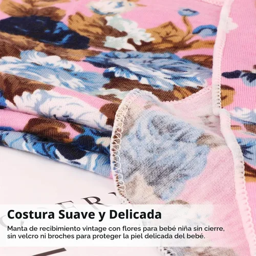 Vista 6 de DRESHOW BQUBO Manta de Recepción para Recién Nacido con Conjunto de Gorro con Lazo Estampado de Flores Manta Envolvente para Bebé con Gorro