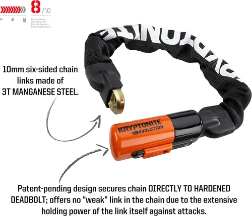 Vista 2 de Kryptonite Evolution 1055 - Cerradura de cadena para bicicleta, 1.8 pies de largo, cadena de acero de 0.394 in, resistente, antirrobo, vendida