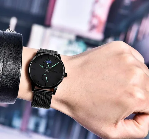 Vista 2 de SKMEI Black Watches for Men Fashion Minimalist Waterproof Ultra-Thin Analog Quartz Moon Phase Stainless Steel Mesh Band Wristwatch for Men
