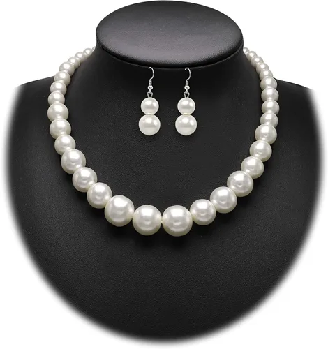 Vista 2 de Cryshimmer Gargantilla de perlas para mujer cuentas de perlas sintéticas collar de hebra aretes conjunto de joyas de disfraces