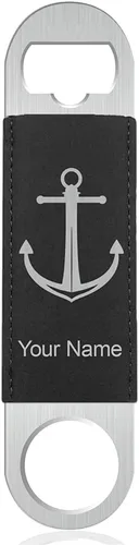Vista 8 de LaserGram Abrebotellas, ancla de barco, grabado personalizado incluido (cuero sintético, negro y dorado)