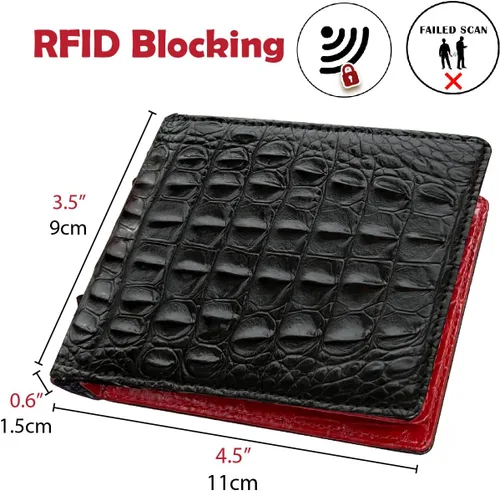 Vista 4 de HATA Cartera plegable de cocodrilo para hombre hecha a mano para vientre o bocina con bloqueo RFID por vietnamita Bifold-Negro-Rojo-Doble cara