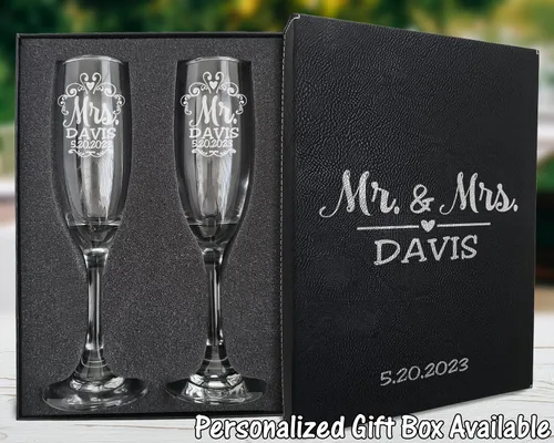 Vista 2 de Mr Mrs - Juego de 2 copas de champán con tallo retorcido para parejas, recién casados, novios, novios, novios, esposos, esposa, aniversario