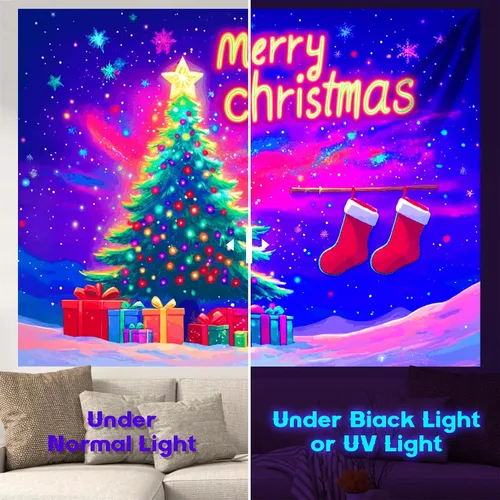 Vista 2 de NYZE - Tapiz de Navidad con Papá Noel, tapiz de luz negra que brilla en la oscuridad, colgante de pared, banner festivo, decoración para fiesta