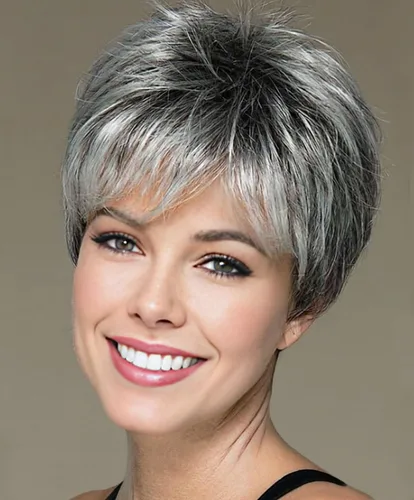 Vista 16 de Pelucas cortas gris plateadas para mujeres blancas, pelucas sintéticas con corte pixie natural y a capas con flequillo, peluca corta de pelo gris