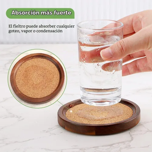 Vista 3 de WLWNWFT Posavasos de Corcho de Madera para Bebidas Absorbentes con Soporte, WLWNWFT Juego de Posavasos de Madera de Acacia Rústicos de Granja