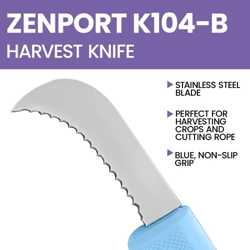 Vista 4 de Zenport K104-B Cuchillo utilitario de cosecha, hoja dentada, hoja de acero inoxidable de 3 pulgadas, azul
