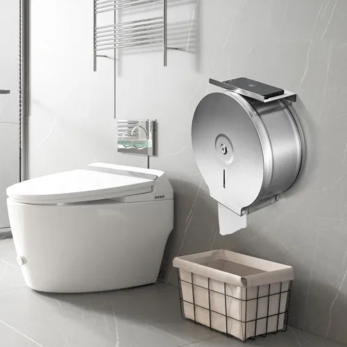 Vista 6 de Dispensador de papel higiénico jumbo comercial con estante, soportes para pañuelos, rollo de papel de 9 pulgadas, acero inoxidable con cerradura