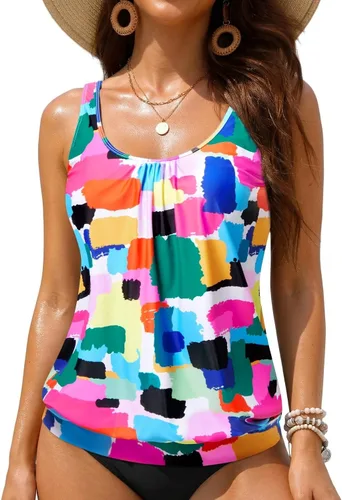 Vista 24 de Yonique Top Tankini Blouson para Mujer Sin Parte Inferior Top de Natación de Ajuste Holgado Top Tankini Modesto Negro