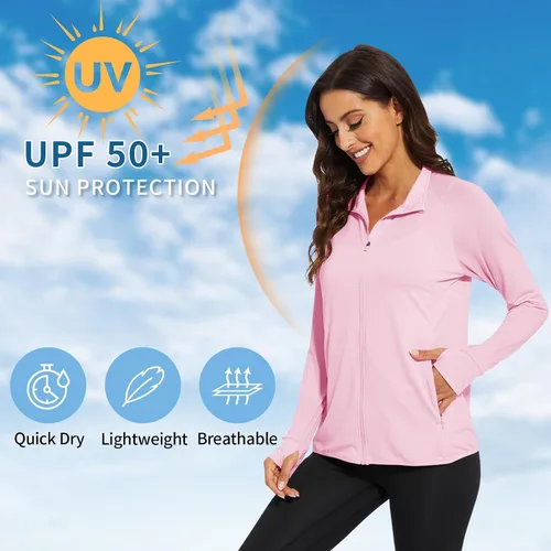 Vista 4 de CRYSULLY Camisas de protección solar UPF 50+ para mujer, de secado rápido, chaqueta de manga larga con bolsillos con cremallera, senderismo, correr