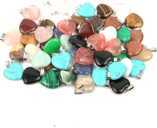 Vista 6 de LE SKY 20 piezas de dijes de piedra natural en forma de corazón, dijes de piedra curativa para hacer joyas