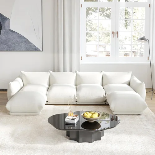 Vista 10 de Sofá de nube de asiento profundo de 77 pulgadas, moderno sofá modular de chenilla, sofá modular de 2 asientos con cojines gruesos de felpa y otomana
