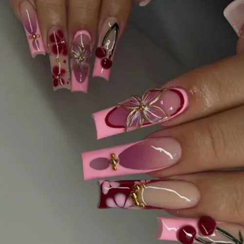 Vista 15 de Uñas postizas a presión con flores, uña corta cuadrada con diseños florales coloridos, uñas postizas de cobertura completa, uñas postizas brillantes