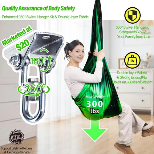 Vista 3 de Columpio sensorial para niños y adultos con capacidad para hasta 300 libras en interiores y exteriores, columpio de terapia de abrazo de doble capa