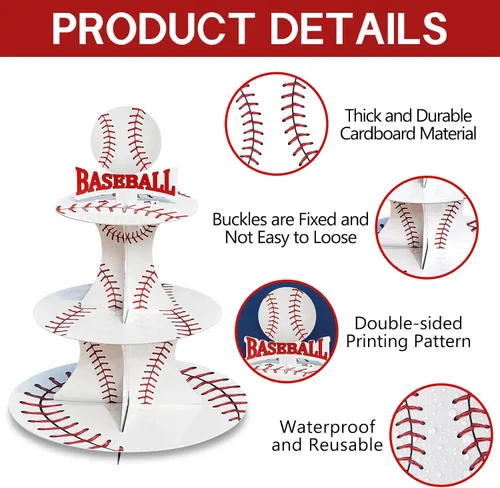 Vista 6 de Soporte para cupcakes de fiesta temática de béisbol de 3 niveles