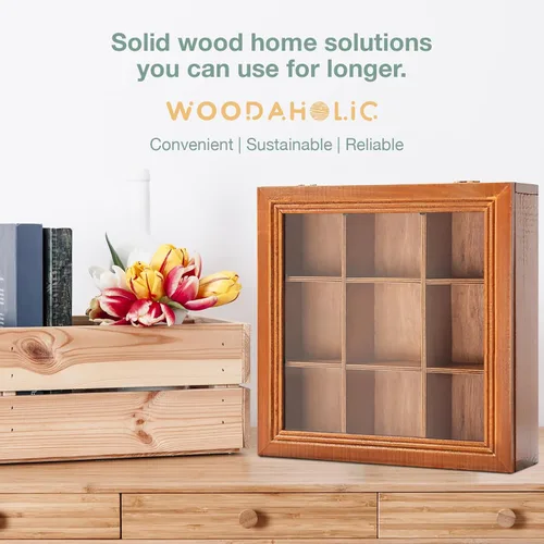 Vista 8 de Mini caja de almacenamiento de madera de 9 ranuras con estuche de acrílico transparente coleccionables, caja organizadora cuadrada de madera