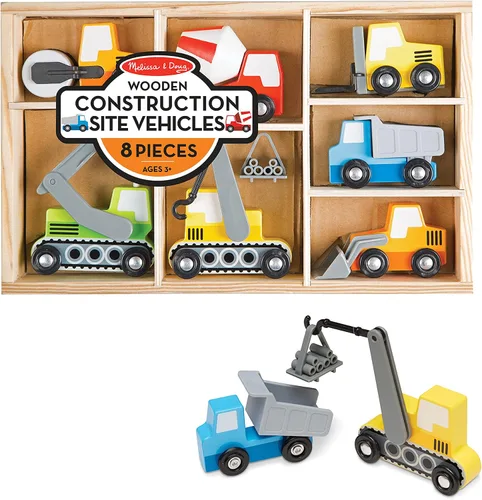 Vista 6 de Melissa & Doug – de madera de construcción sitio Vehículos con bandeja de almacenamiento de madera (8 Pcs)