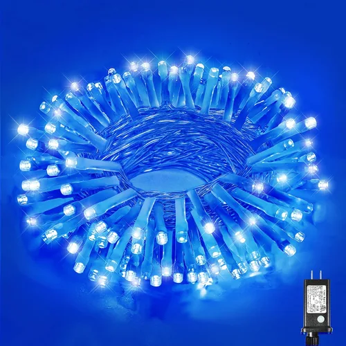Vista 23 de Guirnalda de luces navideñas con 100 LEDs, tira de 33 pies, 8 modos, conectable, impermeable, parpadeante, con temporizador y memoria, para Azul