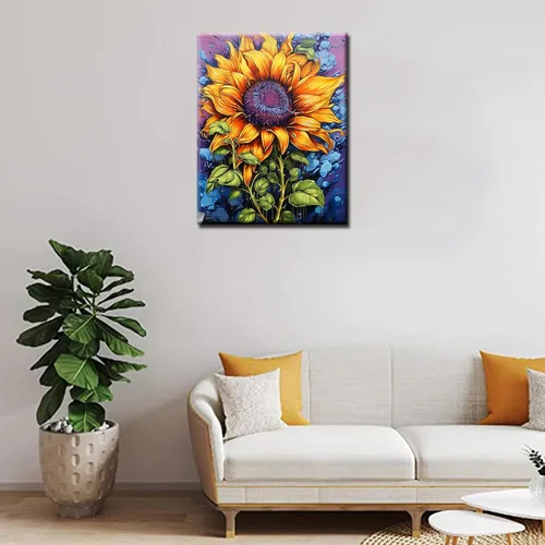 Vista 2 de Kit de pintura por números de flores amarillas tropicales, 16 x 20 pulgadas, grafiti, girasoles, pintura colorida para garabatos, lienzo de pintura