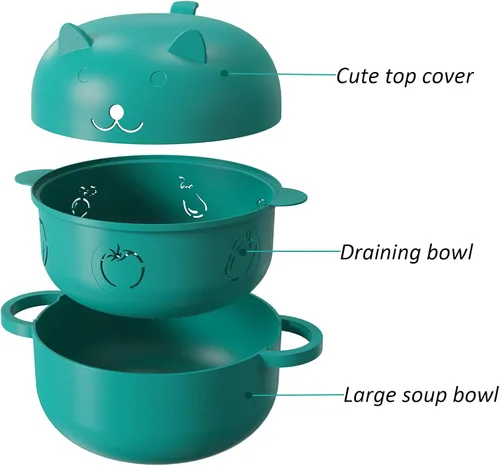 Vista 2 de Taza de ramen de 68 onzas para microondas, olla para fideos, vaporera para cocinar alimentos y verduras con colador removible, verde Sin BPA