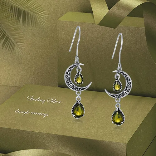 Vista 6 de VONALA Aretes de luna para mujer, plata de ley 925, aretes colgantes de luna celta, esmeralda, amatista, rubí, zafiro, rosa, peridoto, aguamarina