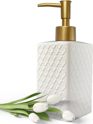 Vista 8 de Dispensador de jabón dorado para baño, dispensador de loción cuadrado negro, dispensador de jabón de manos de cerámica recargable para encimera