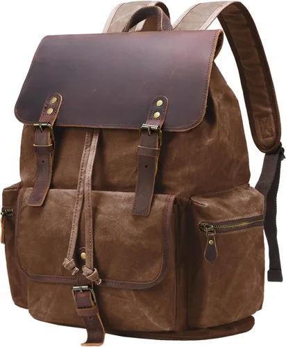 Vista 10 de Mochila de lona encerada vintage casual de cuero genuino para computadora portátil, mochila de hombro para viajes/senderismo/escuela, Verde militar