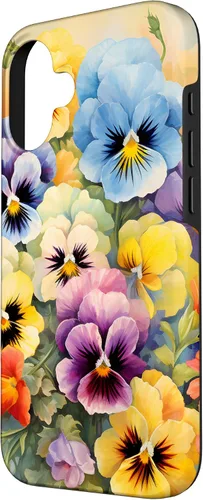 Vista 2 de iPhone 16 Southern Boho Chic Estuche para ramo de jardín floral Happy Pansy