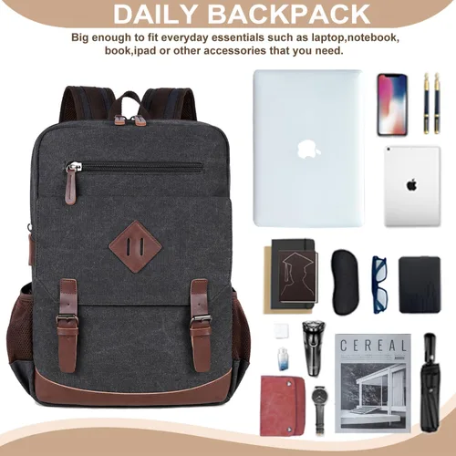Vista 7 de CROCOD Mochila de lona para laptop de 15.6 pulgadas, mochila de viaje vintage para hombres y mujeres, bolsa de computadora para trabajo, negocios