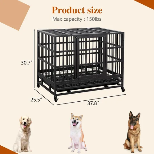 Vista 3 de Vongrasig Jaula para perros indestructible resistente de 38 pulgadas, a prueba de escape, con ruedas bloqueables, jaula para perros de doble puerta
