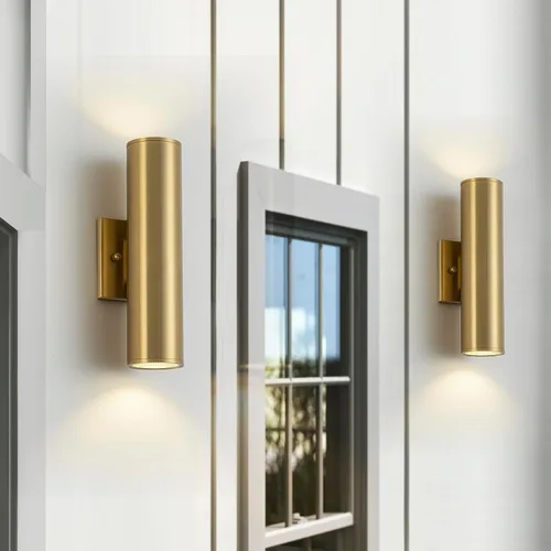 Vista 13 de Luces de pared doradas hechas a mano para exteriores, de 10 pulgadas, luces LED de pared para patio, accesorios de iluminación exterior Oro hecho a