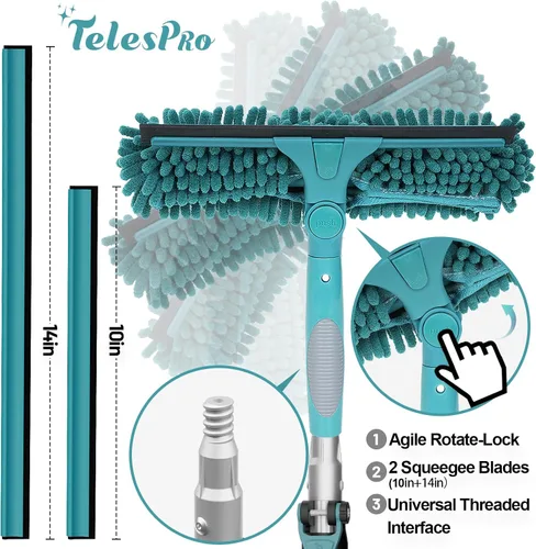 Vista 2 de TelesPro Escobilla de ventana de alto alcance de 20 pies con poste de extensión de 5 a 12 pies, herramienta de limpieza de ventanas con poste