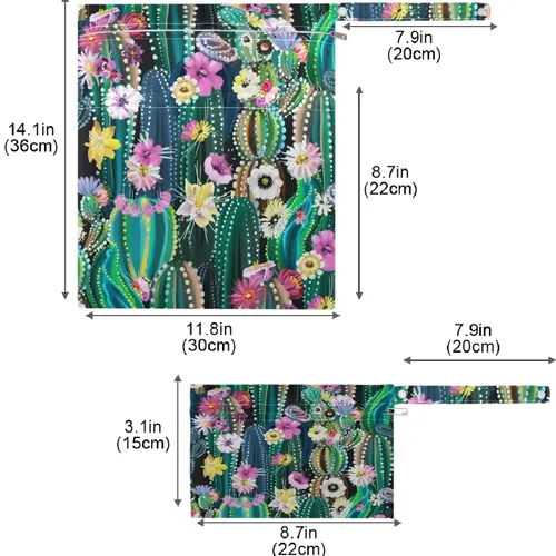 Vista 7 de visesunny Bolsa húmeda de cactus verde con flores, 2 piezas, con bolsillos con cremallera, lavable, reutilizable, espaciosa para viajes, playa