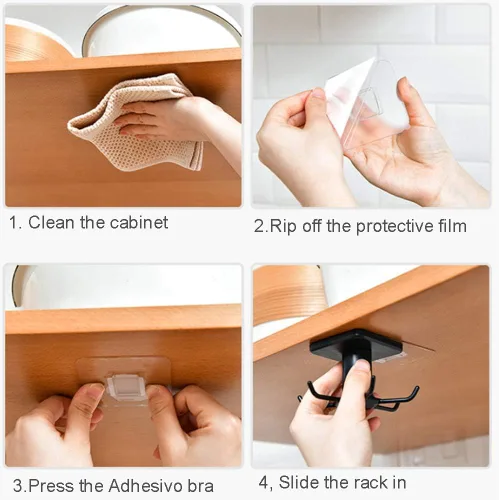 Vista 6 de BAIEUEJO 2 ganchos de 360 rotaciones para debajo del gabinete, ganchos de cocina adhesivos sin clavos para utensilios/herramientas/toalla/cuchillo
