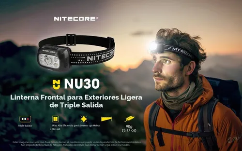Vista 4 de Nitecore NU30 Linterna frontal LED recargable de 500 lúmenes con haces blancos y rojos
