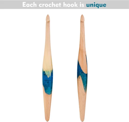 Vista 5 de Ommi - Ganchos de ganchillo con mango ergonómico, hechos a mano, 6.7 pulgadas, madera de haya al vapor y resina azul, aguja de tejer, tejido de hilo