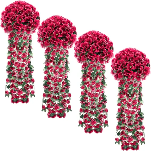 Vista 10 de XunYee Paquete de 4 flores artificiales colgantes para exteriores, plantas colgantes falsas de 5 pétalos de seda violeta, plantas de simulación