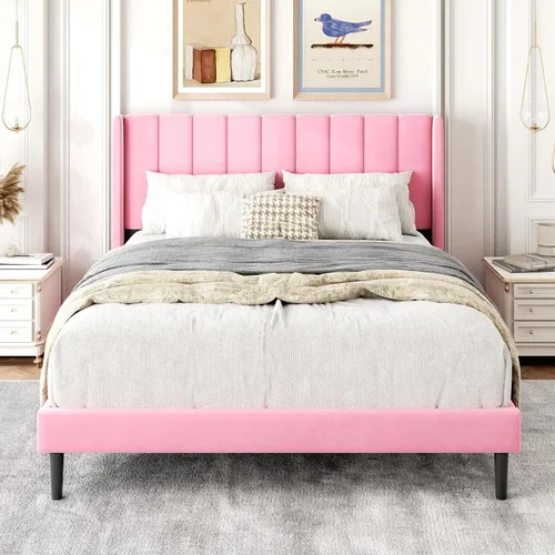 Vista 22 de Gruwans Base de cama de tamaño individual con cabecera tapizada con respaldo de ala, plataforma de fácil montaje, soporte de listones de madera,