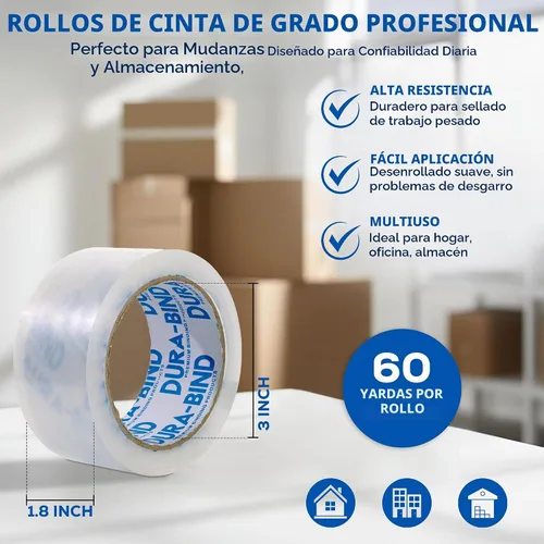 Vista 3 de Durabind - Cinta de embalaje resistente, paquete de 6 rollos de 60 yardas x 2 pulgadas. Cinta transparente resistente para envíos, embalaje
