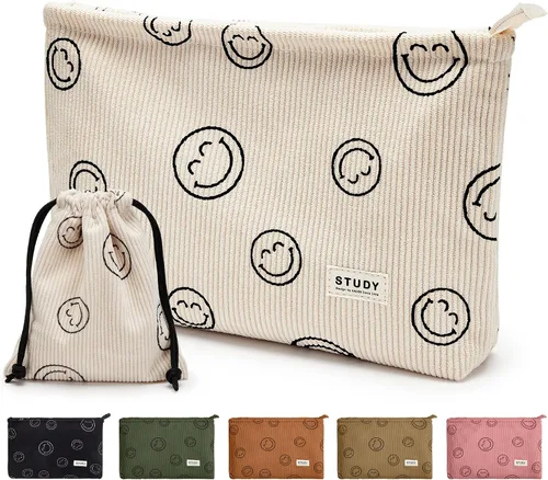 Vista 10 de WLLWOO - 2 bolsas de maquillaje de pana con cara sonriente, bolsa de cosméticos con cremallera interior impermeable, estuche para lápices, monedero