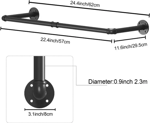 Vista 2 de Perchero industrial para ropa de tubería montado en la pared, resistente que ahorra espacio, barra de ropa desmontable multiusos para colgar, 24