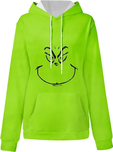 Vista 4 de Suéteres navideños para mujer, suéter feo de Navidad para mujer, estampado verde, manga larga, raglán, sudaderas con capucha para adultos