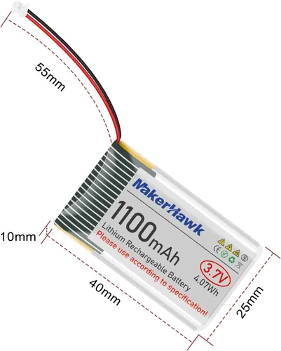 Vista 7 de MakerHawk Batería LiPo de 3.7 V 1100 mAh recargable 1S 102540 Batería de polímero de litio con placa de protección cinta de goma aislada, enchufe